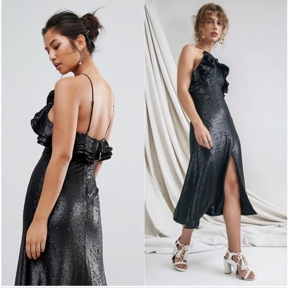 C/Meo collective sequin Ruffled halter  gown slit dress New With Tags - Picture 3 of 16